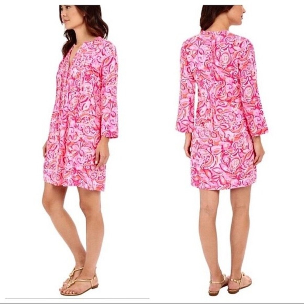 Lilly Pulitzer Sarasota Pintucked Dress Mango Salsa Print Shift Mini XS Resort